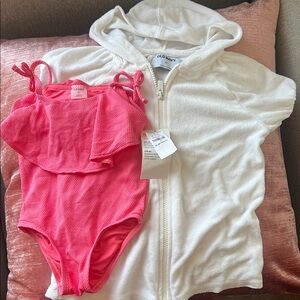 NWT 2t Old Navy Pink 1 pc swimsuit + EUC white hooded terrycloth swim cover
